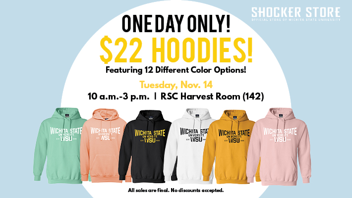 One day only. Tuesday November 14. $22 hoodies. Featuring 12 different color options